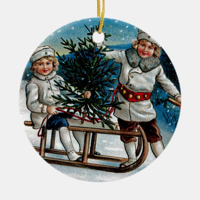 Children Sledding Ceramic Tree Decoration (Front)
