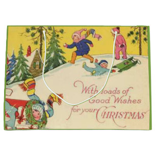 Children sledding down snowy hill - vintage look large gift bag