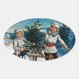Children Sledding Oval Sticker