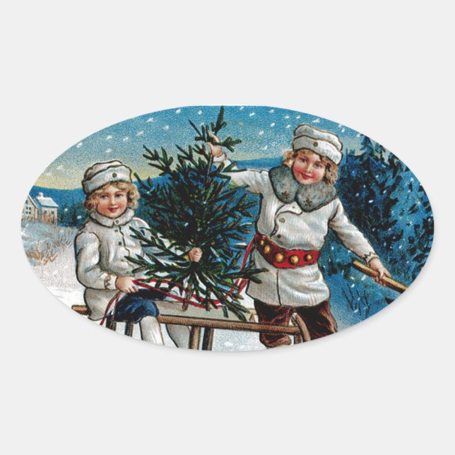 Children Sledding Oval Sticker (Front)