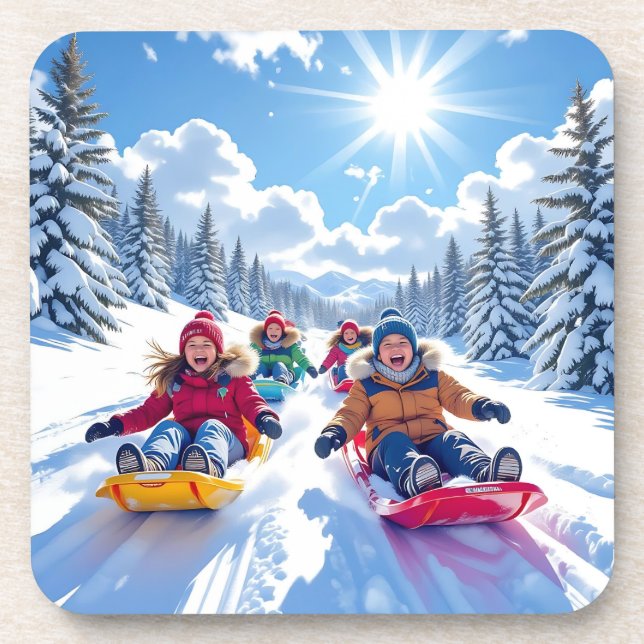 Children Sledding Winter Christmas Coaster (Front)