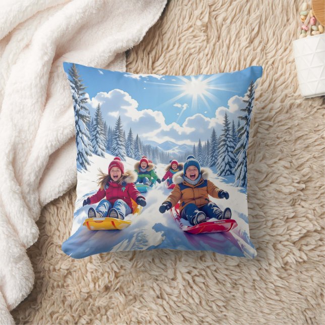 Children Sledding Winter Christmas Cushion (Blanket)