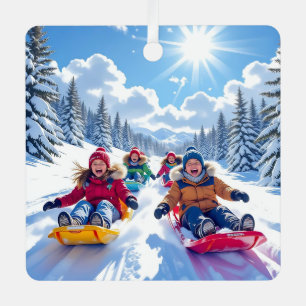 Children Sledding Winter Christmas Metal Tree Decoration
