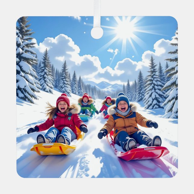 Children Sledding Winter Christmas Metal Tree Decoration (Front)