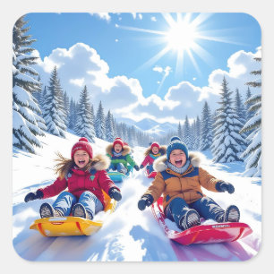 Children Sledding Winter Christmas Square Sticker