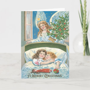 Children Sleeping Angel Christmas Tree Window Holiday Card