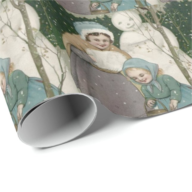 Children Snowman Feeding Birds Winter Wrapping Paper (Roll Corner)