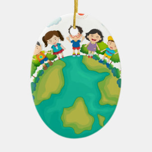Children standing around the earth ceramic tree decoration