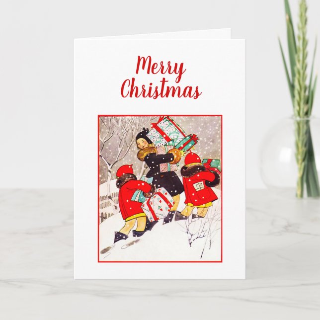 Children Struggling with Christmas Presents in Sno Card (Front)