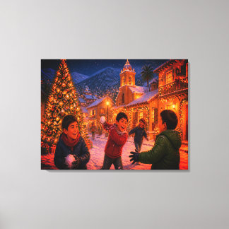 Children Throwing Snowballs On Christmas Eve Canvas Print