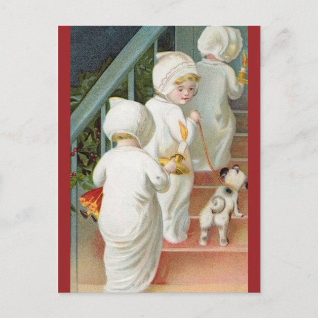 Children Tip Toe Up the Stairs With Dog Christmas Postcard (Front)