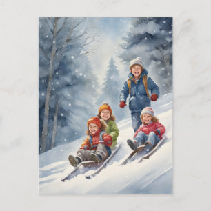 Children Toboggan Winter Scene  Postcard
