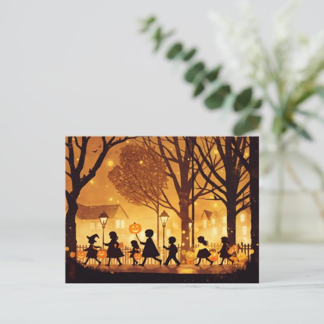 Children Trick or Treating on Halloween Night Holiday Postcard (Standing Front)