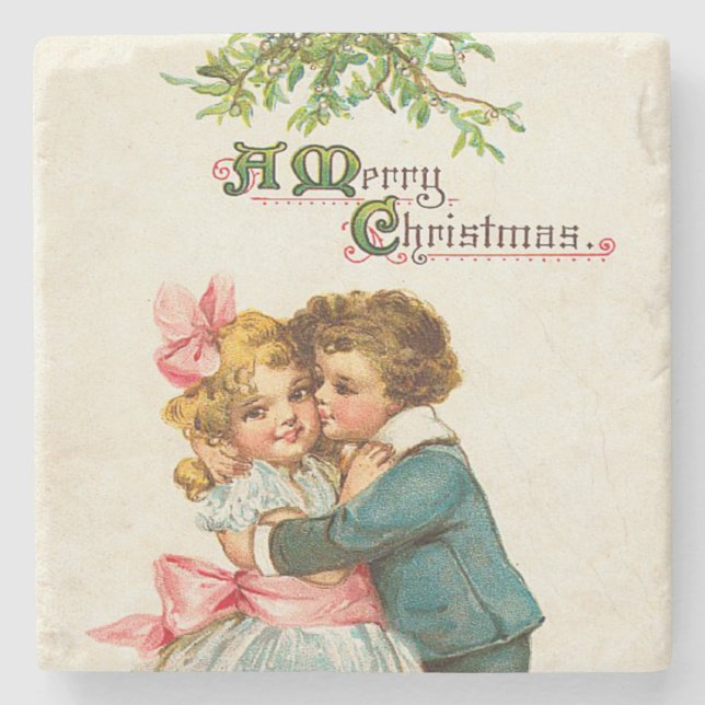 Children Under Mistletoe Christmas Stone Coaster (Front)