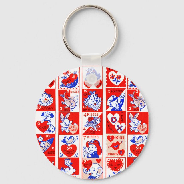 Children Valentine Greeting Hugs Kisses Red White Key Ring (Front)