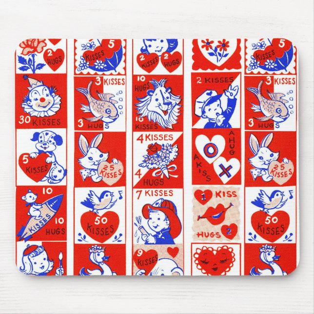 Children Valentine Greeting Hugs Kisses Red White Mouse Mat (Front)