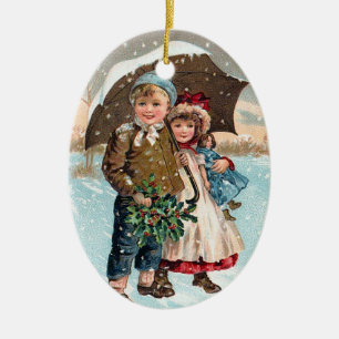 Children walking through the snow ceramic tree decoration