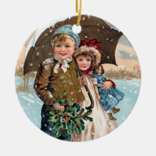 Children walking through the snow ceramic tree decoration