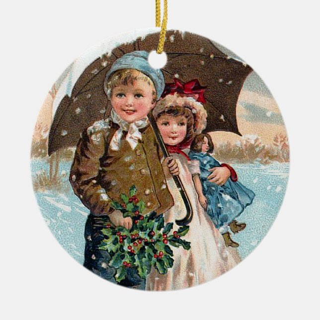Children walking through the snow ceramic tree decoration (Front)