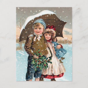 Children walking through the snow postcard