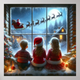Children watching Santa by window Poster