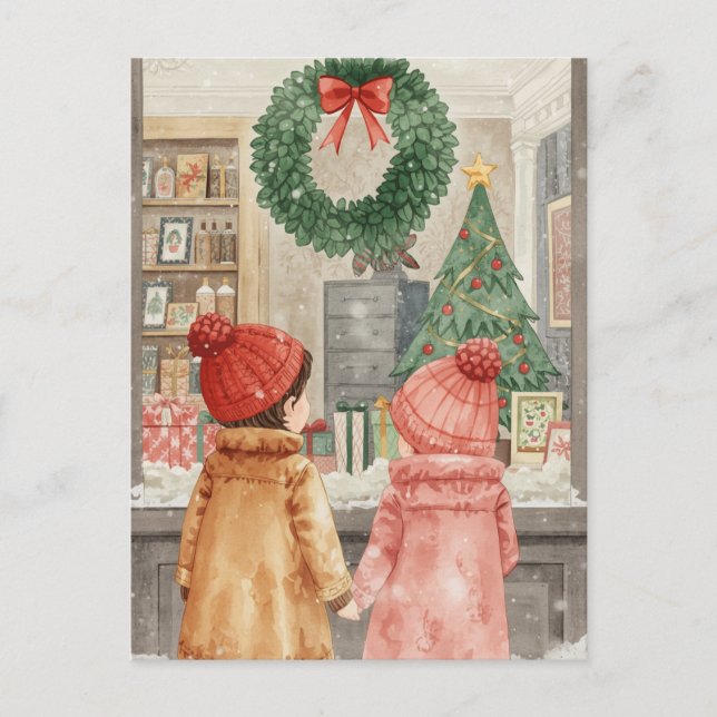Children Window Shopping Christmas Watercolor Holiday Postcard (Front)