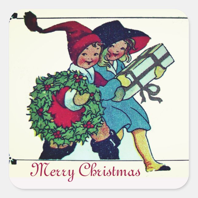 CHILDREN WITH CHRISTMAS GIFTS AND HOLLYBERRY CROWN SQUARE STICKER (Front)