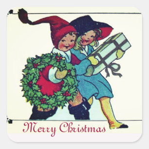 CHILDREN WITH CHRISTMAS GIFTS AND HOLLYBERRY CROWN SQUARE STICKER