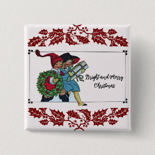 CHILDREN WITH CHRISTMAS GIFTS AND RED FLORAL 15 CM SQUARE BADGE