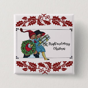 CHILDREN WITH CHRISTMAS GIFTS AND RED FLORAL 15 CM SQUARE BADGE
