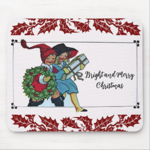 CHILDREN WITH CHRISTMAS GIFTS AND RED FLORAL MOUSE MAT