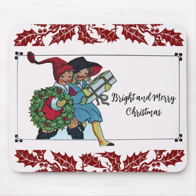 CHILDREN WITH CHRISTMAS GIFTS AND RED FLORAL MOUSE MAT (Front)