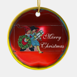 CHILDREN WITH CHRISTMAS GIFTS CERAMIC TREE DECORATION