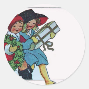 CHILDREN WITH CHRISTMAS GIFTS CLASSIC ROUND STICKER