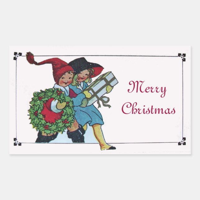 CHILDREN WITH CHRISTMAS GIFTS RECTANGULAR STICKER (Front)