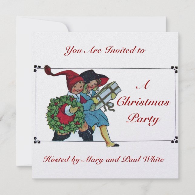 CHILDREN WITH CHRISTMAS GIFTS white ice metallic Invitation (Front)