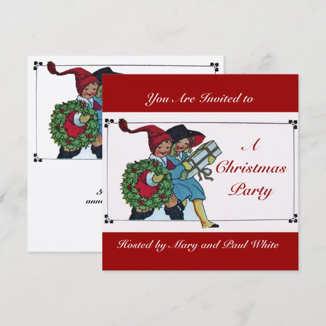 CHILDREN WITH CHRISTMAS GIFTS white red Invitation (Front/Back)