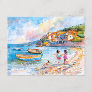 Children with dog at Mediterranean beach watercolo Holiday Postcard