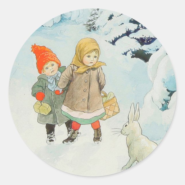 Children with hare in wintertime - Christmas Classic Round Sticker (Front)