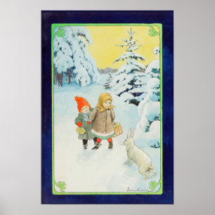 Children with hare in wintertime - Christmas Poster