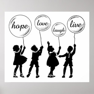 Children With Inspirational Balloons Silhouette Poster