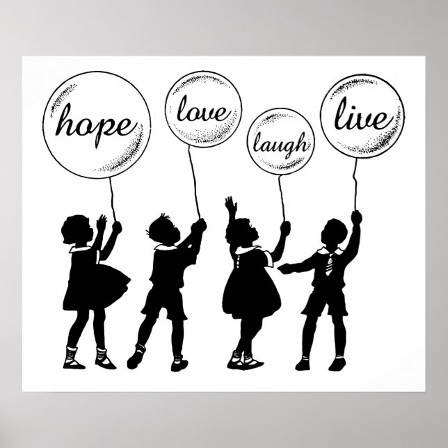 Children With Inspirational Balloons Silhouette Poster (Front)