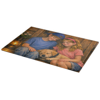 Children with Sleeping Puppy Glass Cutting Board