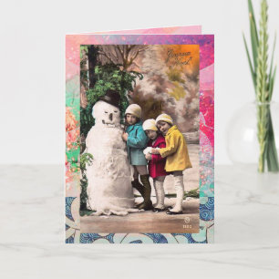 Children With Snowman Holiday Card