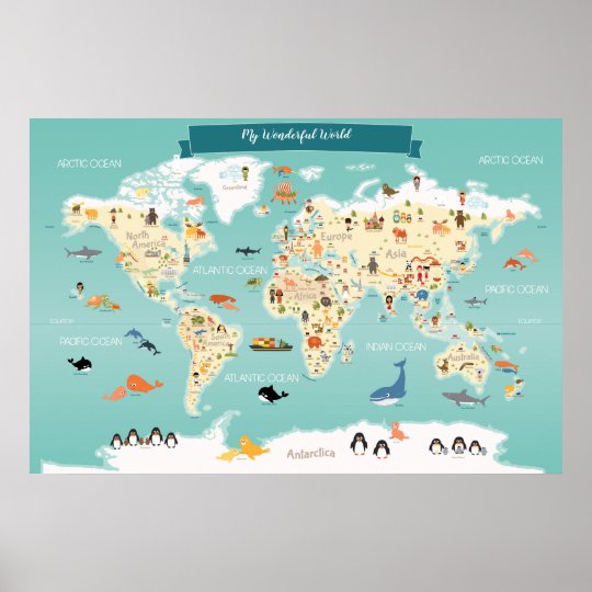 Children World Map with Animals and Landmarks Poster | comicsahoy.com
