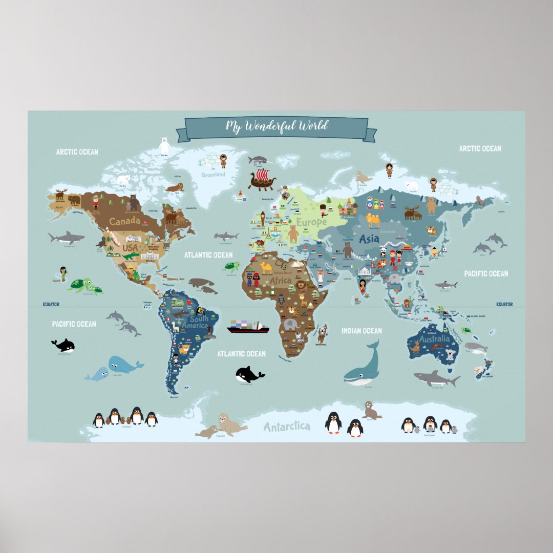 Children World Map with Cute Illustrations Poster | Zazzle