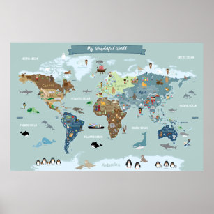 Children World Map with Cute Illustrations Poster