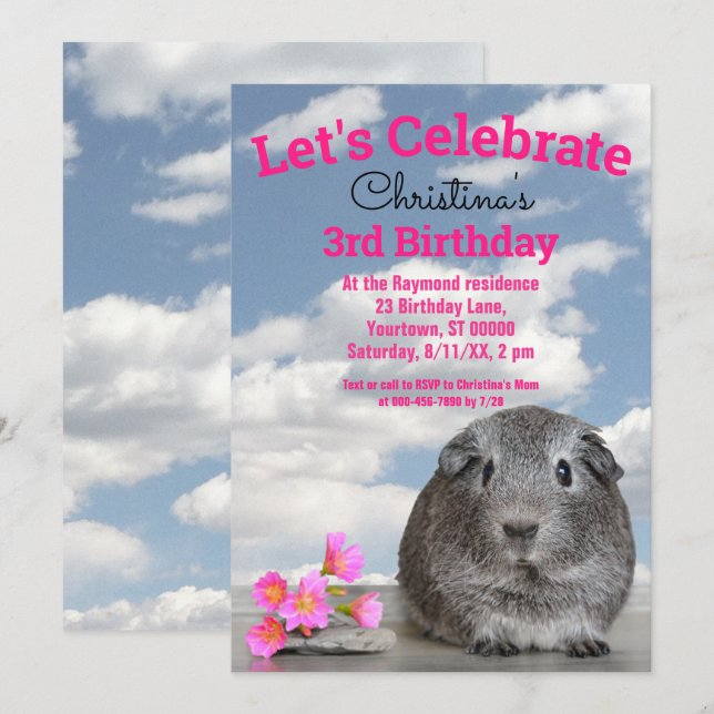 Children's 3rd Birthday Party Guinea Pig Flowers Invitation (Front/Back)