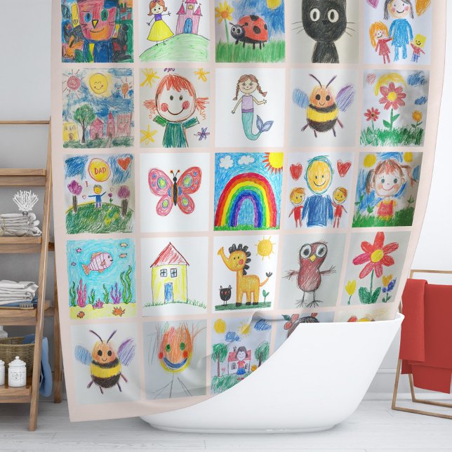 Children's Art Keepsake 25 Drawings Collage Shower Curtain (Turn bath time into an art exhibit with this playful shower curtain!)