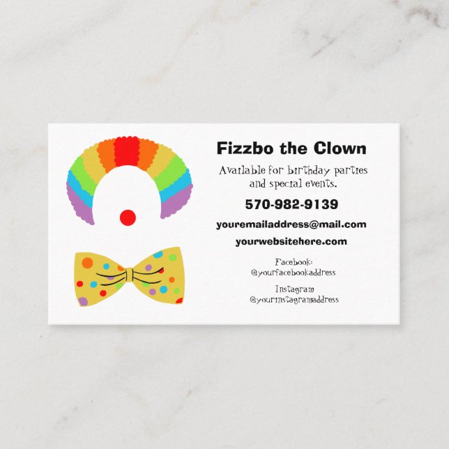 Children's Birthday Party Clown  Business Card (Front)